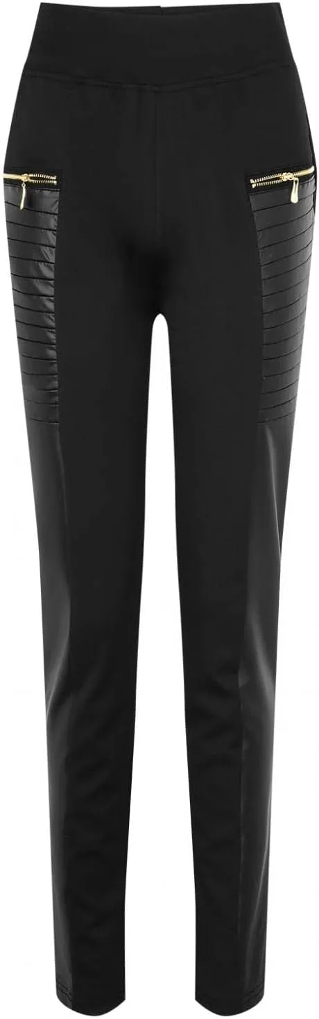 Faux Leather Pants for Women High Waisted Skinny Pants Contrast Panel Zipper Detail PU Leather Stretch Yoga Tights