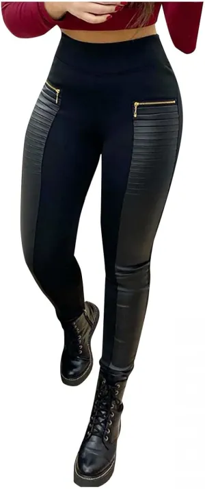 Faux Leather Pants for Women High Waisted Skinny Pants Contrast Panel Zipper Detail PU Leather Stretch Yoga Tights