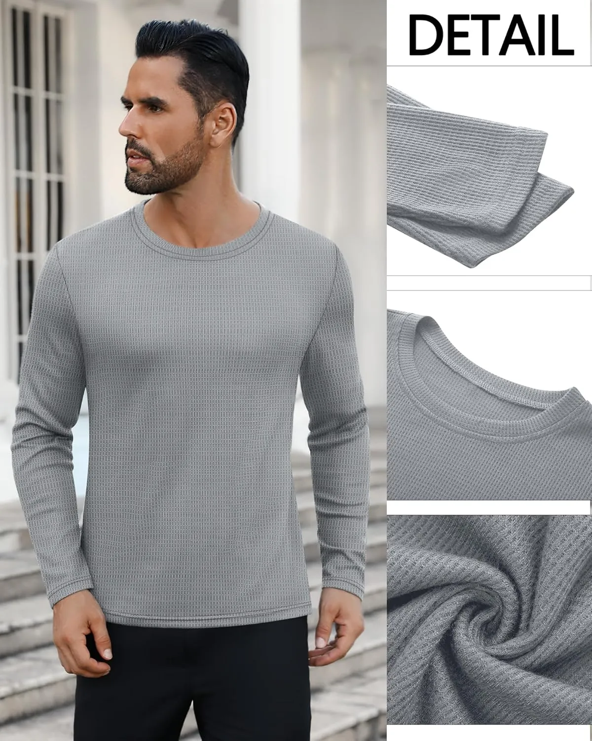Ficerd 3 Pack Men's Waffle Long Sleeve Shirts, Crew Neck Thermal Underwear Tops Casual Pullover Sweaters Knit Undershirts