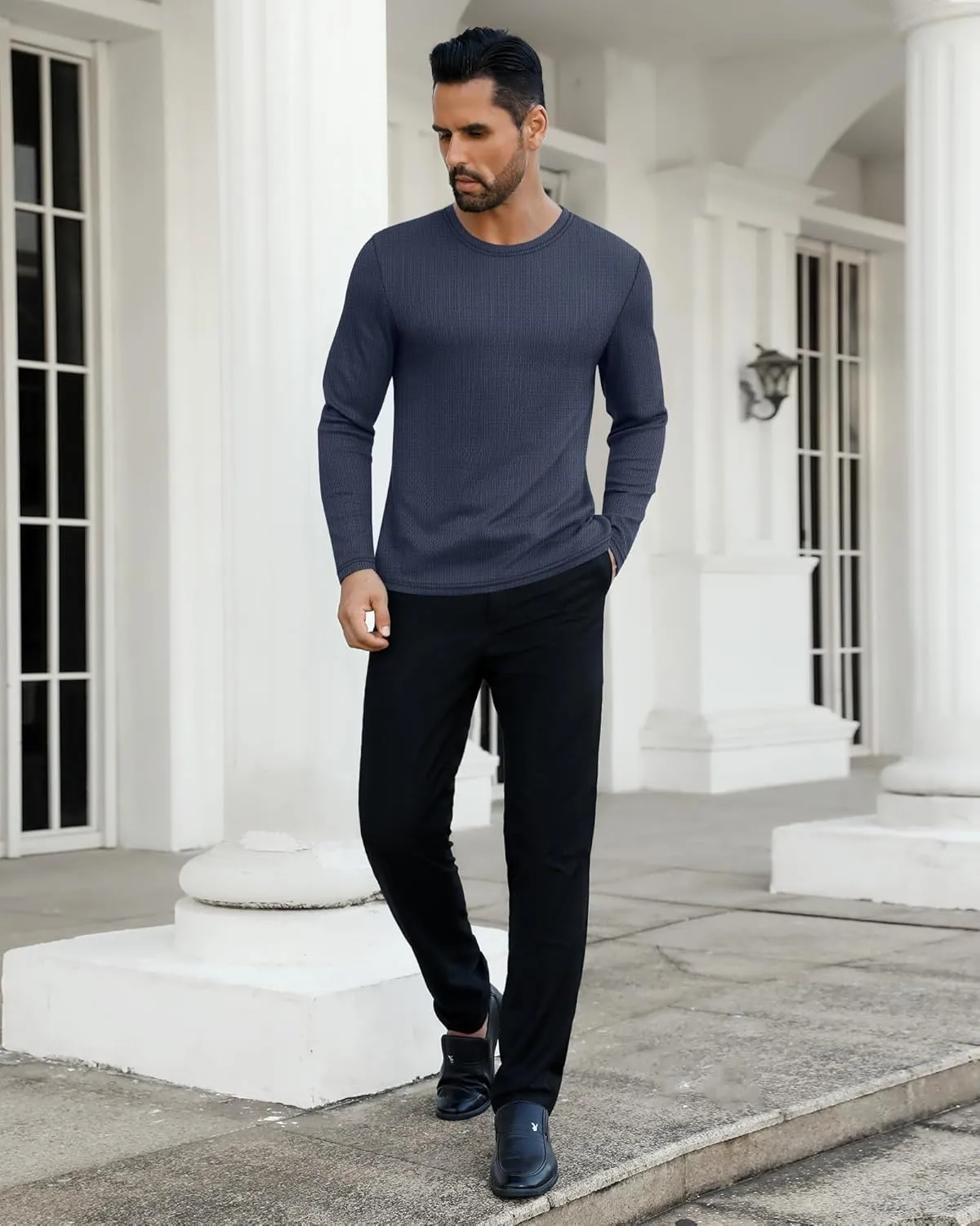 Ficerd 3 Pack Men's Waffle Long Sleeve Shirts, Crew Neck Thermal Underwear Tops Casual Pullover Sweaters Knit Undershirts