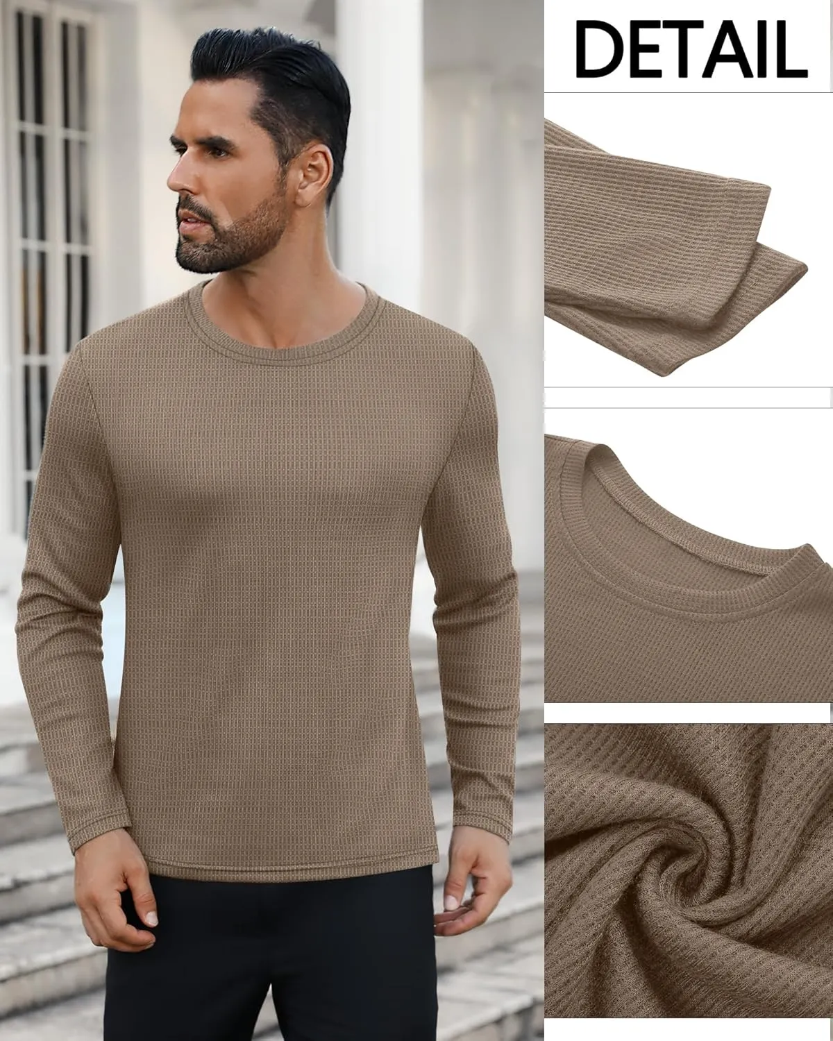 Ficerd 3 Pack Men's Waffle Long Sleeve Shirts, Crew Neck Thermal Underwear Tops Casual Pullover Sweaters Knit Undershirts