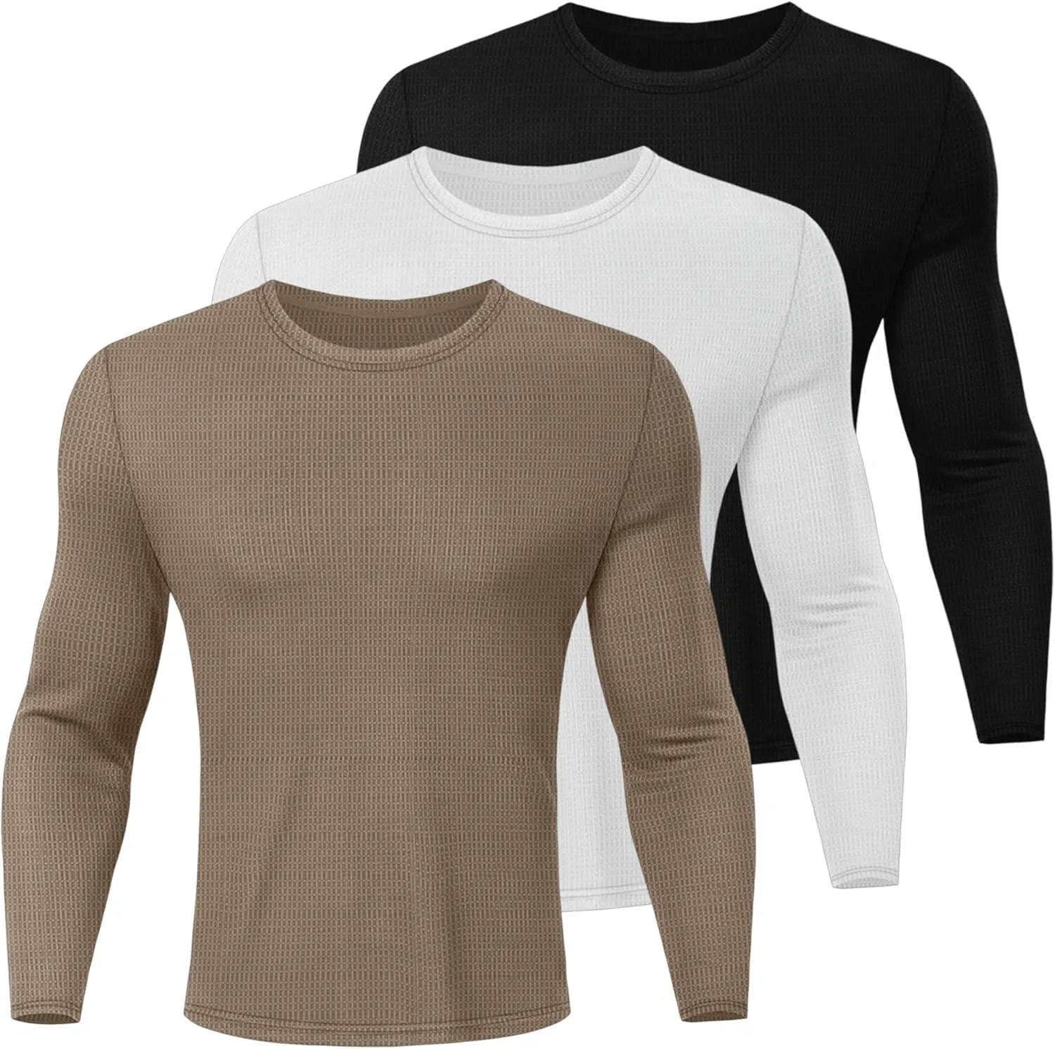 Ficerd 3 Pack Men's Waffle Long Sleeve Shirts, Crew Neck Thermal Underwear Tops Casual Pullover Sweaters Knit Undershirts