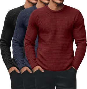 Ficerd 3 Pack Men's Waffle Long Sleeve Shirts, Crew Neck Thermal Underwear Tops Casual Pullover Sweaters Knit Undershirts