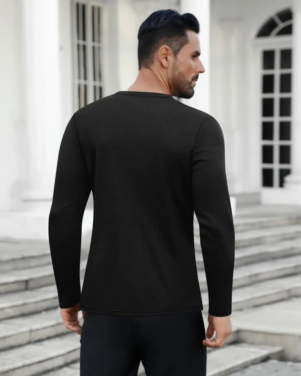 Ficerd 3 Pack Men's Waffle Long Sleeve Shirts, Crew Neck Thermal Underwear Tops Casual Pullover Sweaters Knit Undershirts