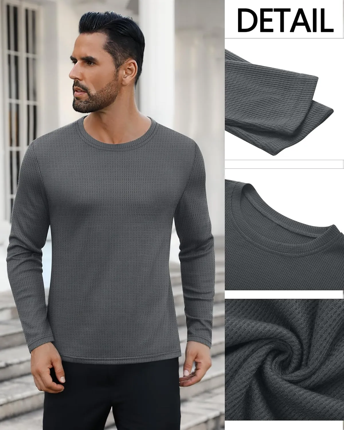 Ficerd 3 Pack Men's Waffle Long Sleeve Shirts, Crew Neck Thermal Underwear Tops Casual Pullover Sweaters Knit Undershirts