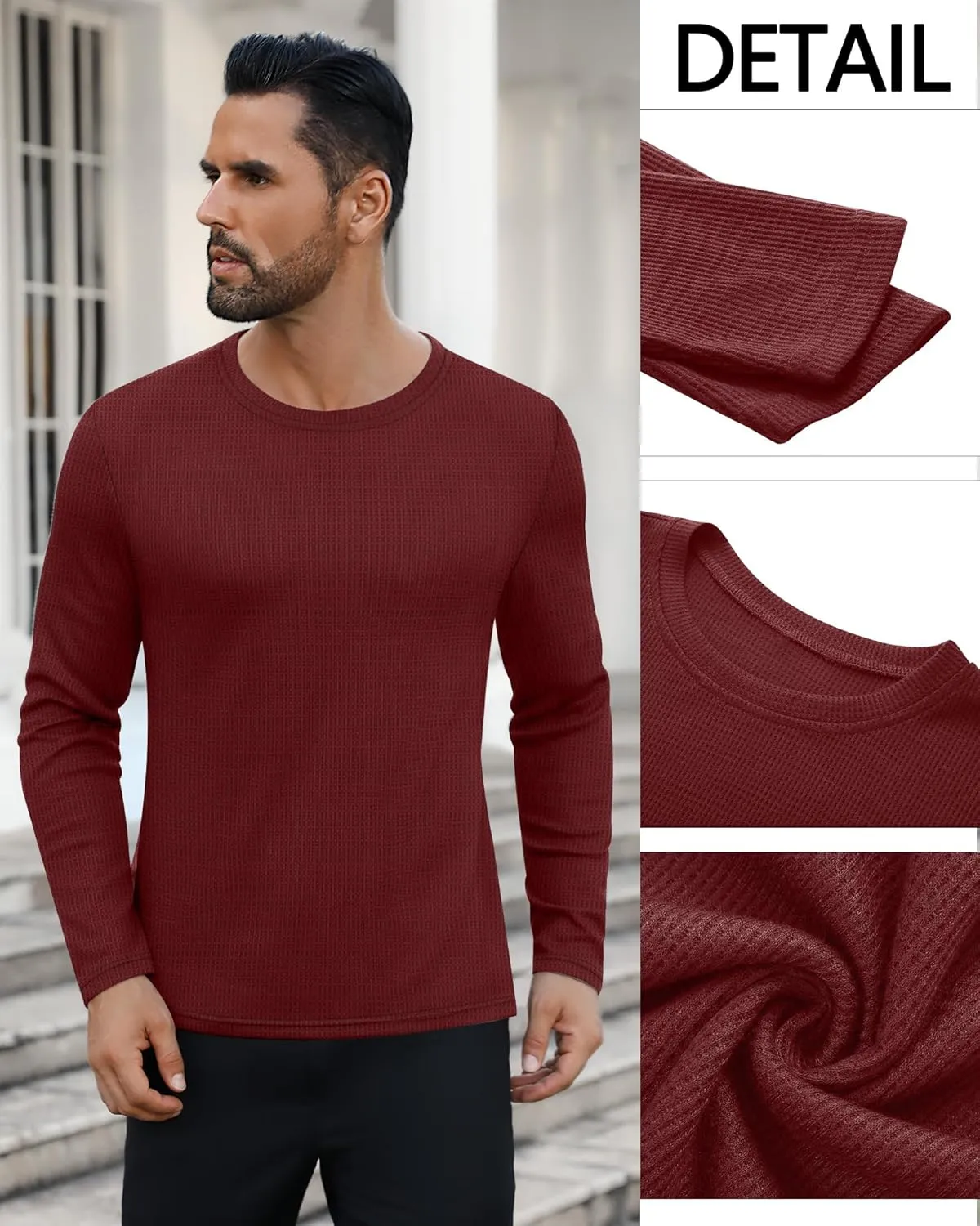 Ficerd 3 Pack Men's Waffle Long Sleeve Shirts, Crew Neck Thermal Underwear Tops Casual Pullover Sweaters Knit Undershirts