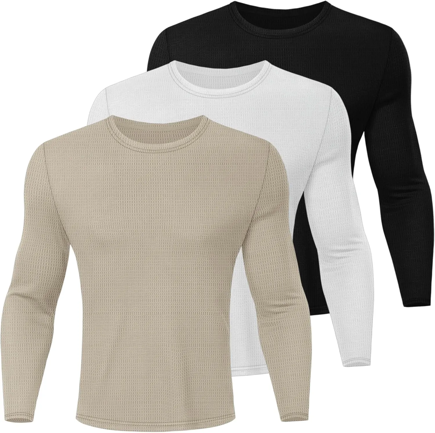 Ficerd 3 Pack Men's Waffle Long Sleeve Shirts, Crew Neck Thermal Underwear Tops Casual Pullover Sweaters Knit Undershirts