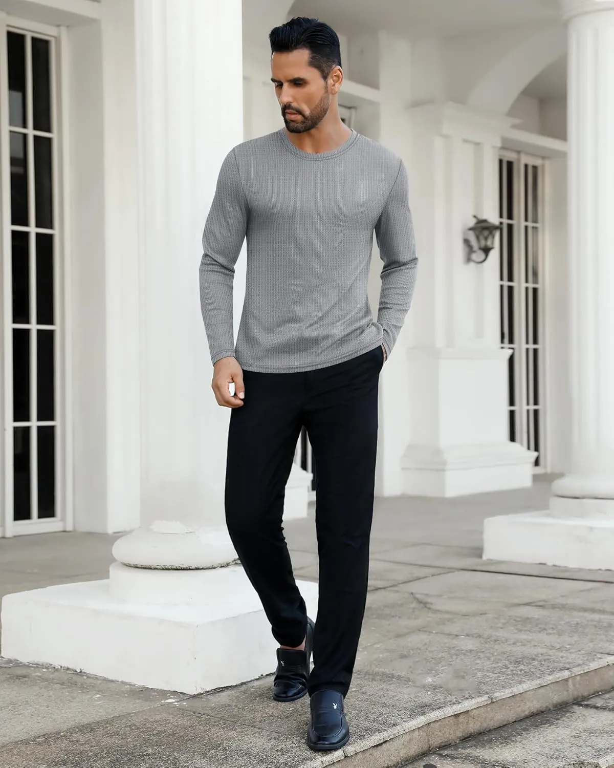 Ficerd 3 Pack Men's Waffle Long Sleeve Shirts, Crew Neck Thermal Underwear Tops Casual Pullover Sweaters Knit Undershirts