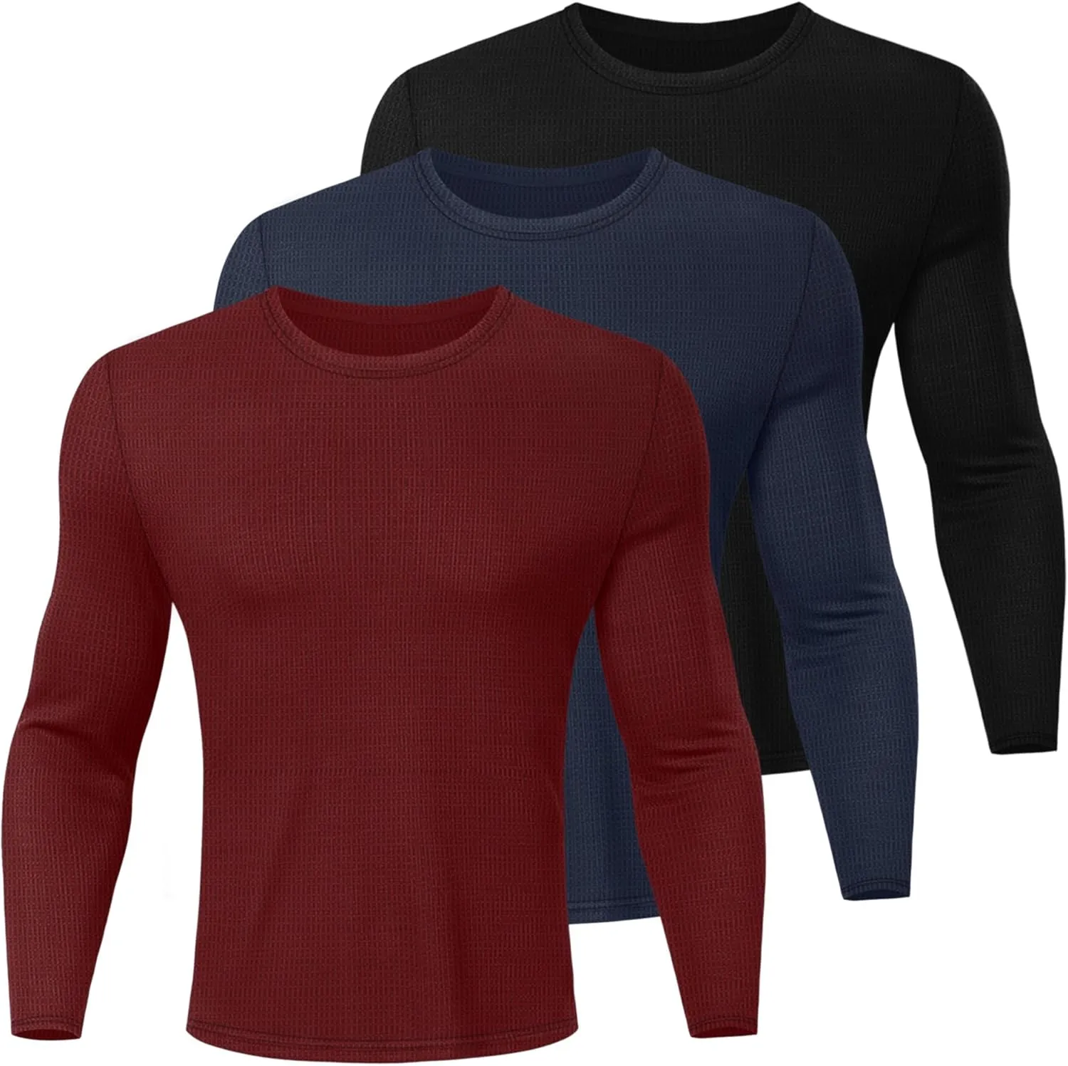 Ficerd 3 Pack Men's Waffle Long Sleeve Shirts, Crew Neck Thermal Underwear Tops Casual Pullover Sweaters Knit Undershirts