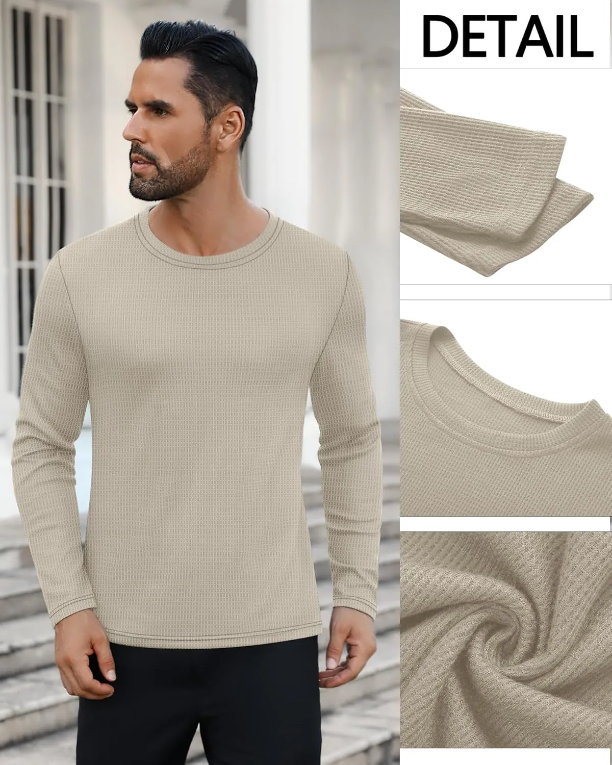 Ficerd 3 Pack Men's Waffle Long Sleeve Shirts, Crew Neck Thermal Underwear Tops Casual Pullover Sweaters Knit Undershirts