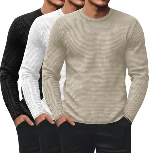 Ficerd 3 Pack Men's Waffle Long Sleeve Shirts, Crew Neck Thermal Underwear Tops Casual Pullover Sweaters Knit Undershirts