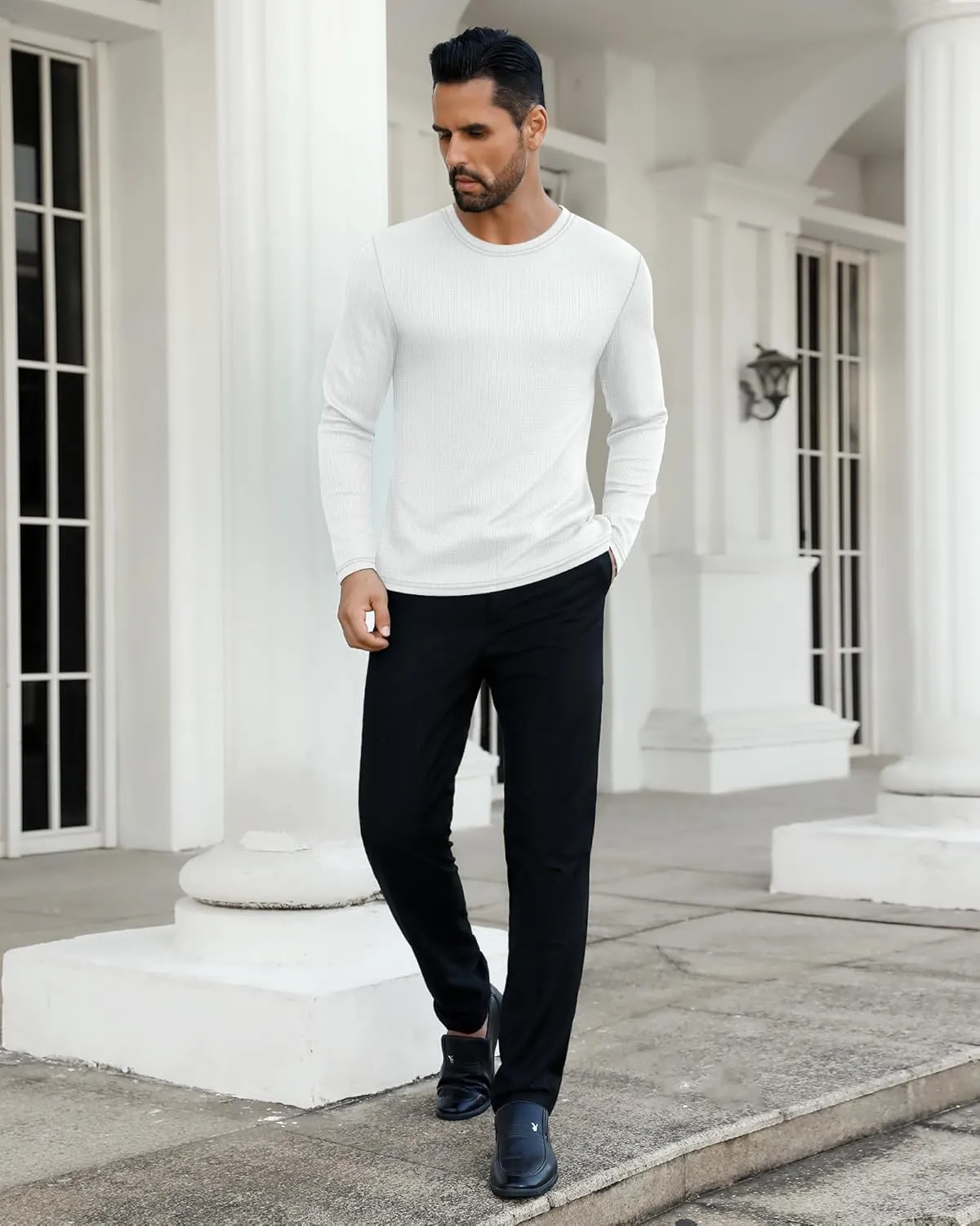 Ficerd 3 Pack Men's Waffle Long Sleeve Shirts, Crew Neck Thermal Underwear Tops Casual Pullover Sweaters Knit Undershirts