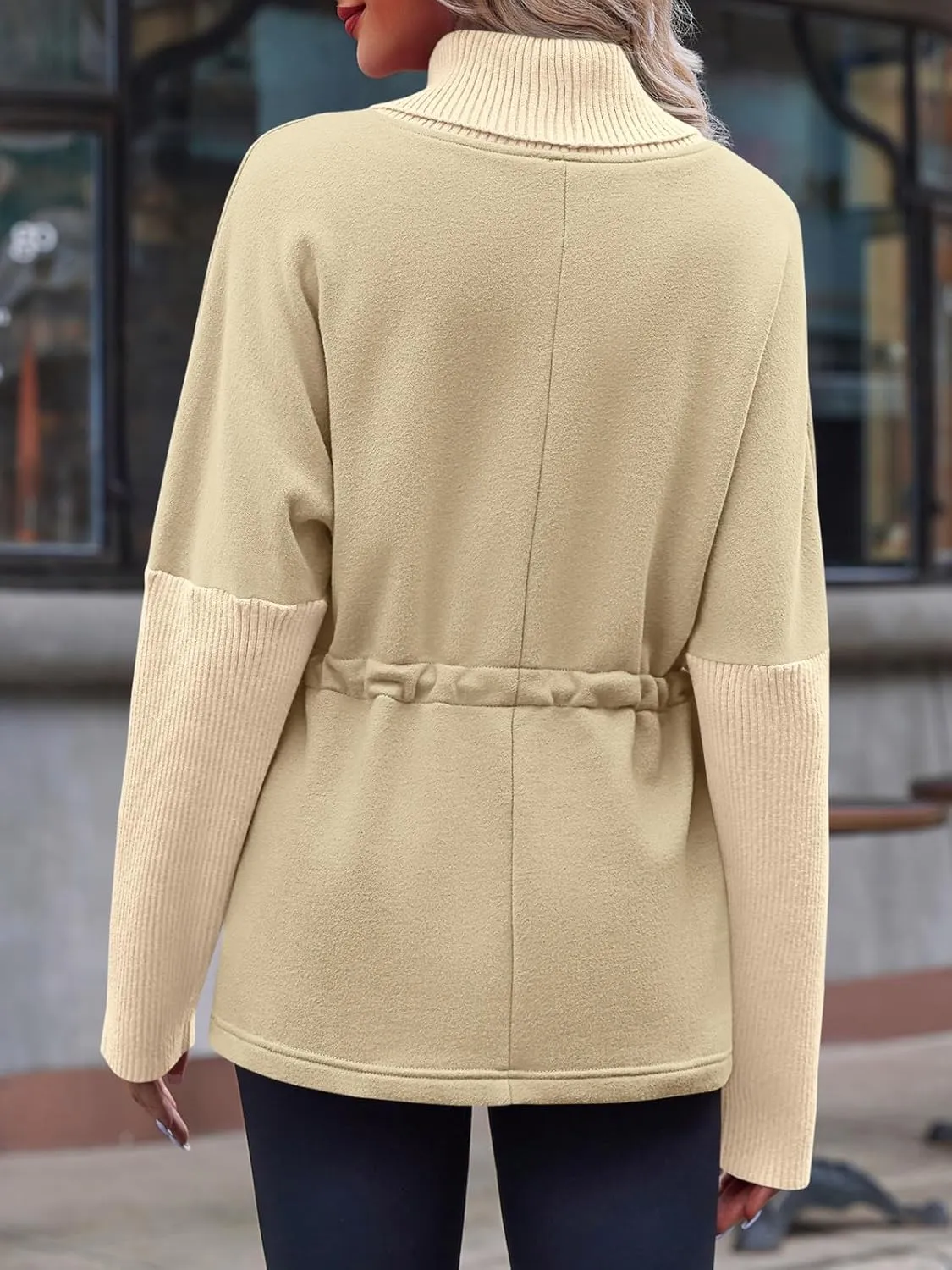 Fisoew Women's Turtleneck Sweatshirts Fleece Drawstring Waist Casual Long Sleeve Pullover Sweater Side Slit Tunic Tops