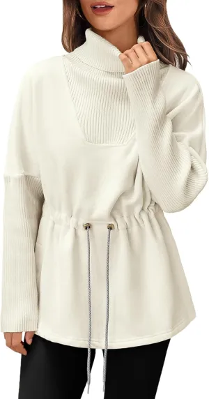 Fisoew Women's Turtleneck Sweatshirts Fleece Drawstring Waist Casual Long Sleeve Pullover Sweater Side Slit Tunic Tops