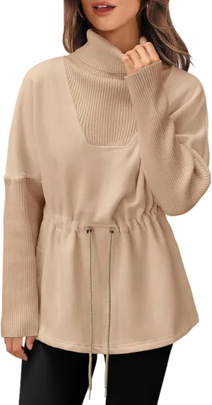 Fisoew Women's Turtleneck Sweatshirts Fleece Drawstring Waist Casual Long Sleeve Pullover Sweater Side Slit Tunic Tops