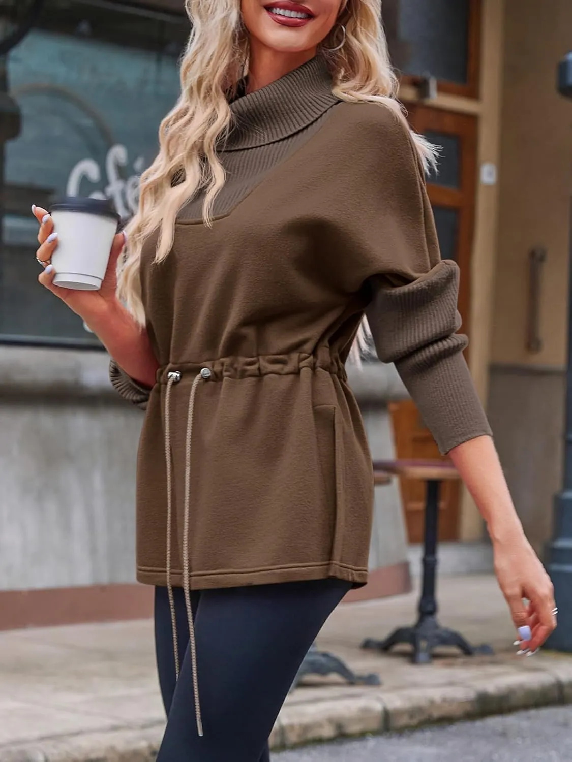 Fisoew Women's Turtleneck Sweatshirts Fleece Drawstring Waist Casual Long Sleeve Pullover Sweater Side Slit Tunic Tops