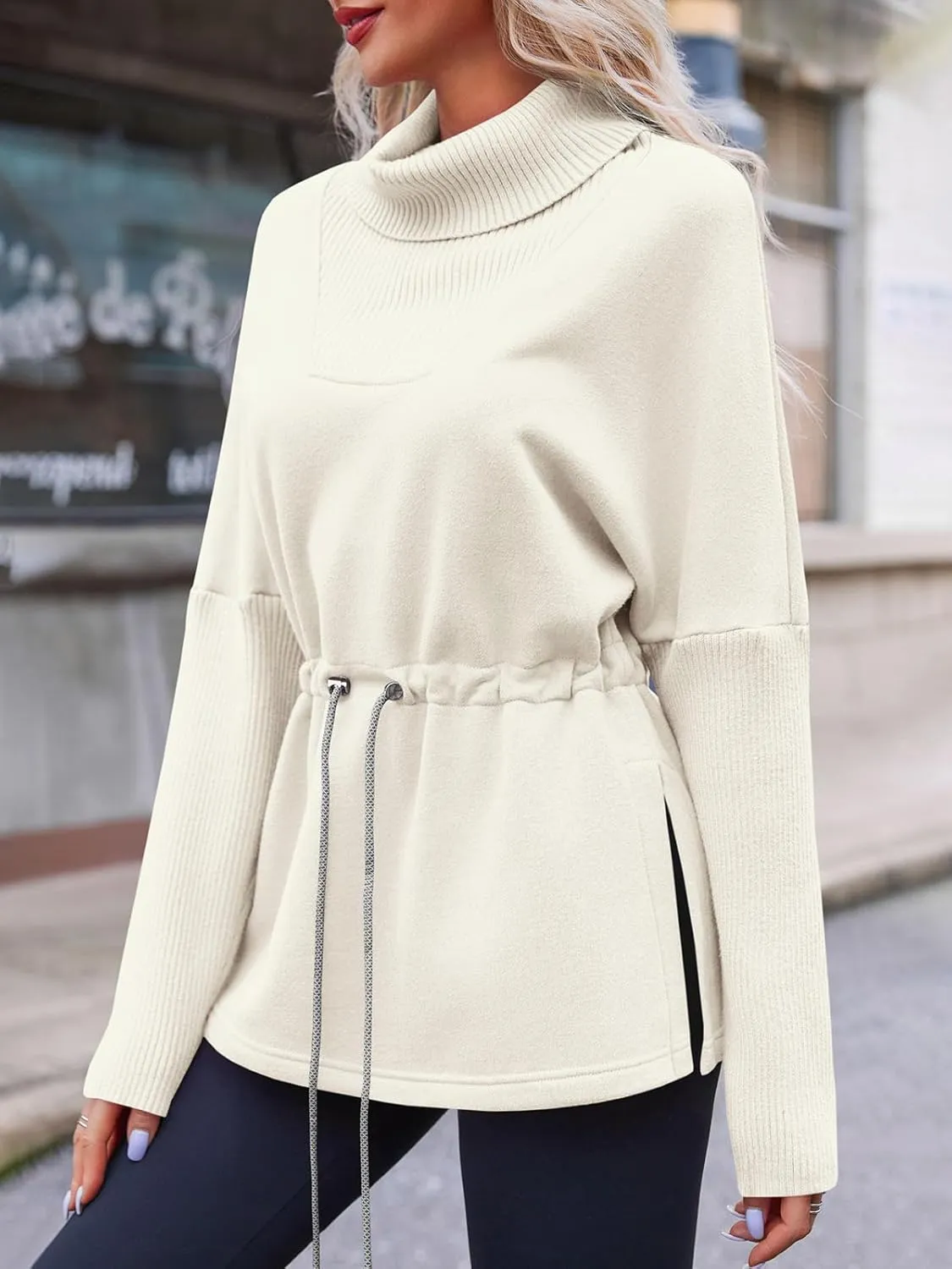 Fisoew Women's Turtleneck Sweatshirts Fleece Drawstring Waist Casual Long Sleeve Pullover Sweater Side Slit Tunic Tops