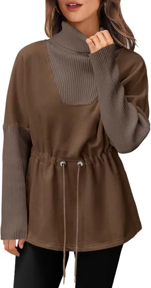 Fisoew Women's Turtleneck Sweatshirts Fleece Drawstring Waist Casual Long Sleeve Pullover Sweater Side Slit Tunic Tops