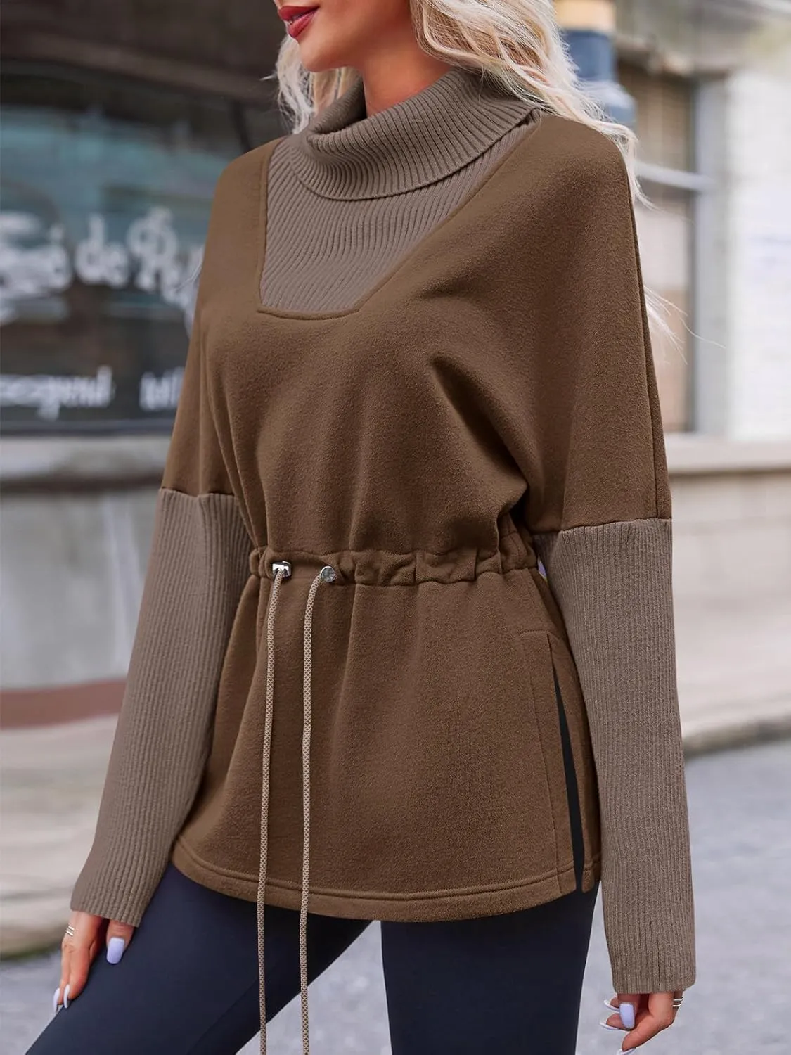 Fisoew Women's Turtleneck Sweatshirts Fleece Drawstring Waist Casual Long Sleeve Pullover Sweater Side Slit Tunic Tops