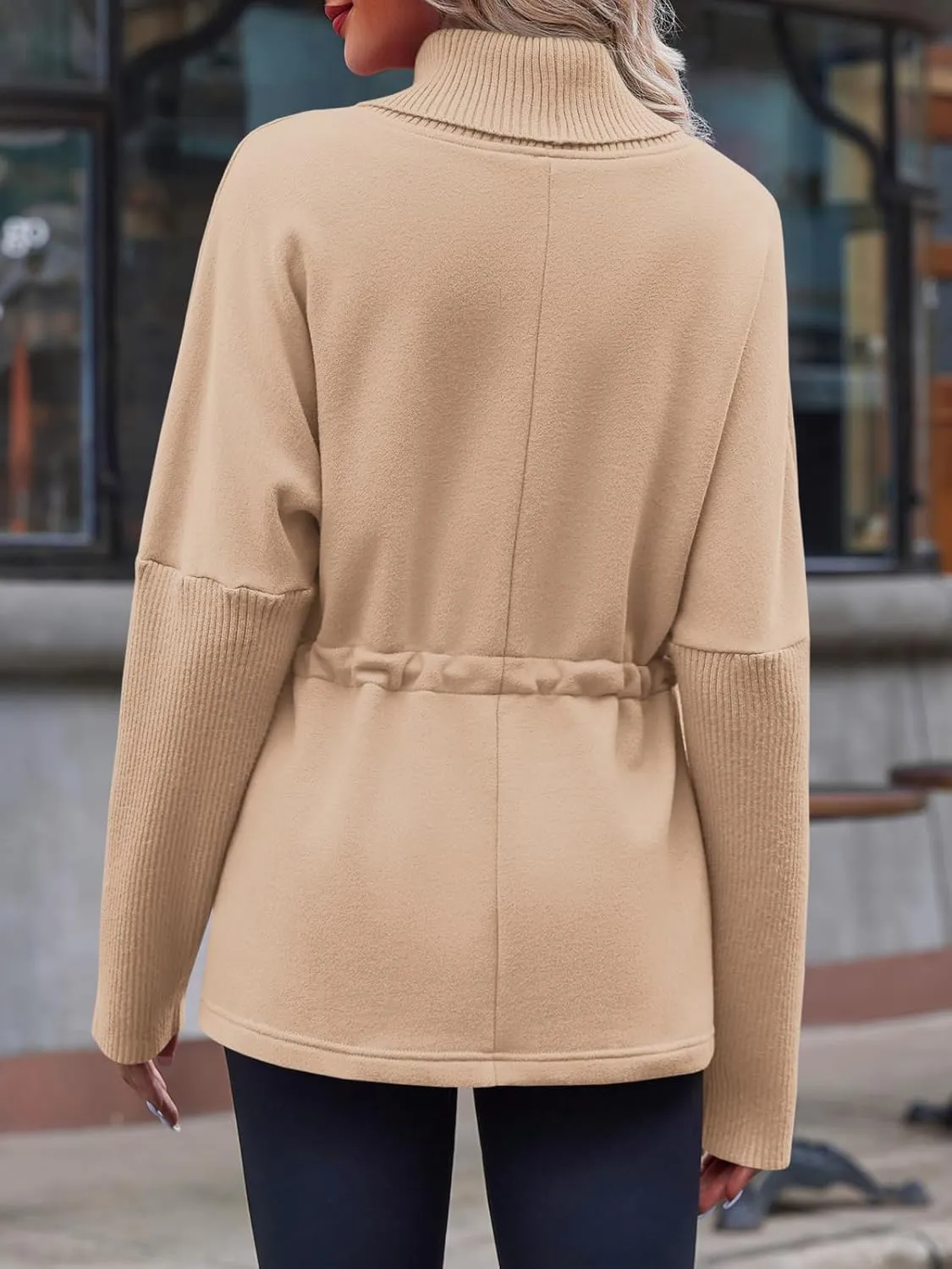 Fisoew Women's Turtleneck Sweatshirts Fleece Drawstring Waist Casual Long Sleeve Pullover Sweater Side Slit Tunic Tops