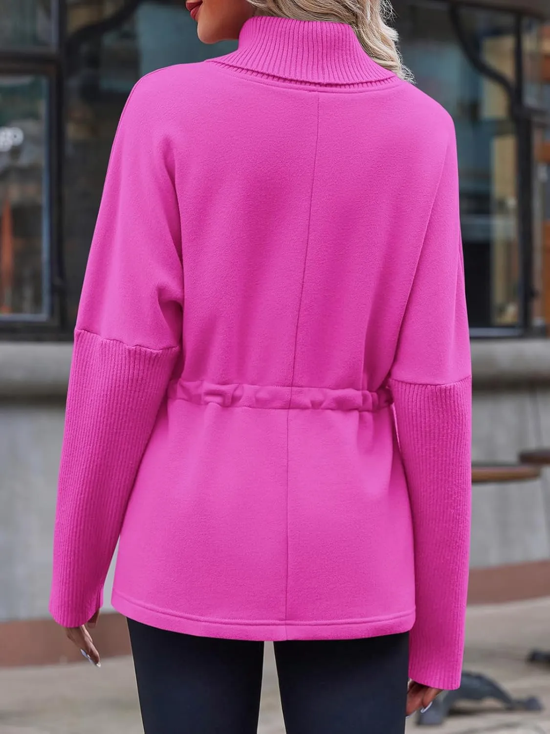 Fisoew Women's Turtleneck Sweatshirts Fleece Drawstring Waist Casual Long Sleeve Pullover Sweater Side Slit Tunic Tops