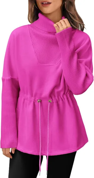 Fisoew Women's Turtleneck Sweatshirts Fleece Drawstring Waist Casual Long Sleeve Pullover Sweater Side Slit Tunic Tops