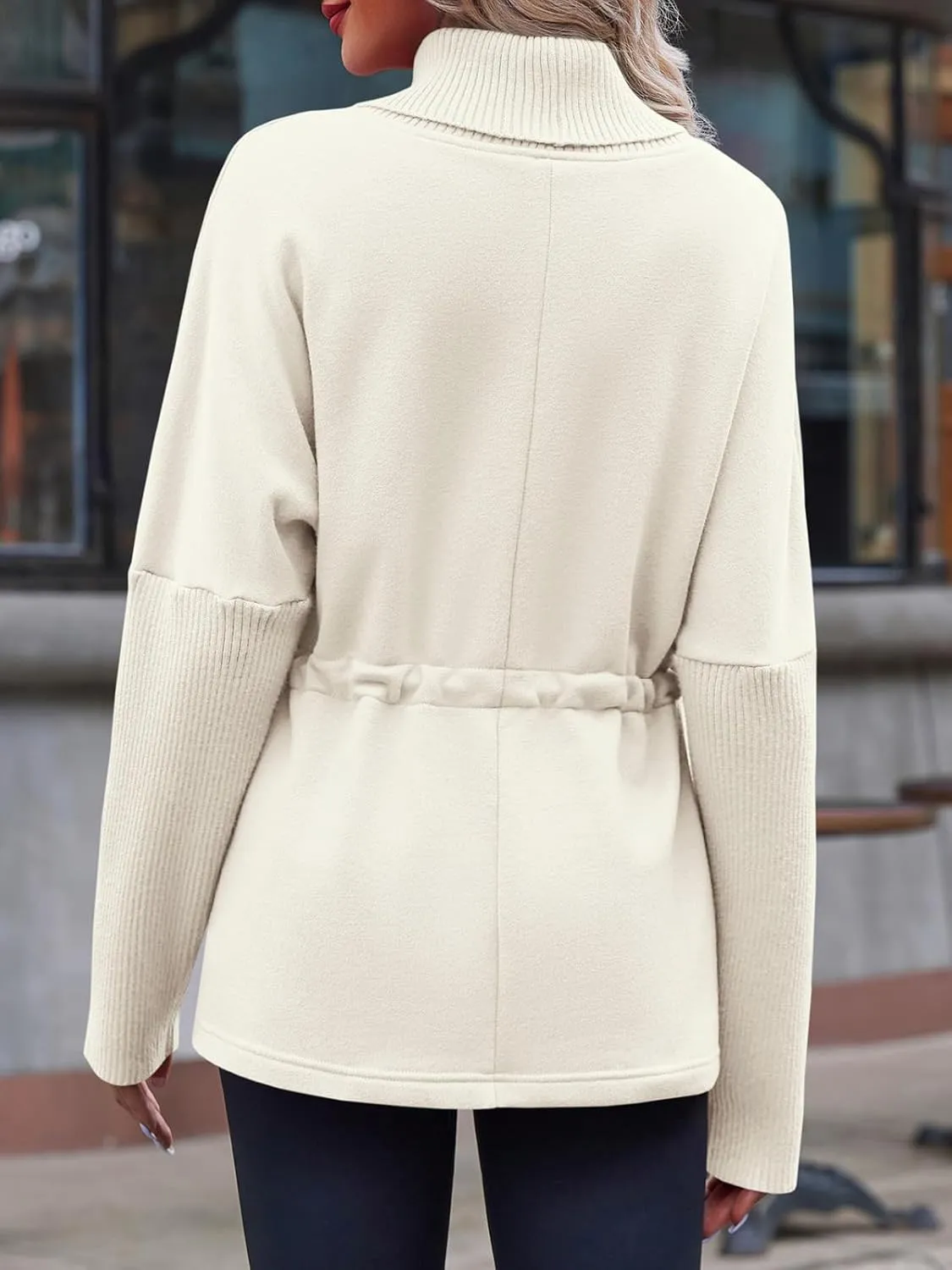 Fisoew Women's Turtleneck Sweatshirts Fleece Drawstring Waist Casual Long Sleeve Pullover Sweater Side Slit Tunic Tops