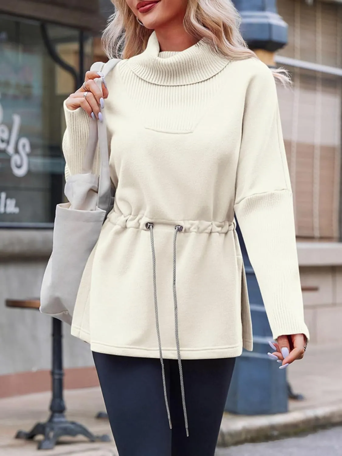 Fisoew Women's Turtleneck Sweatshirts Fleece Drawstring Waist Casual Long Sleeve Pullover Sweater Side Slit Tunic Tops
