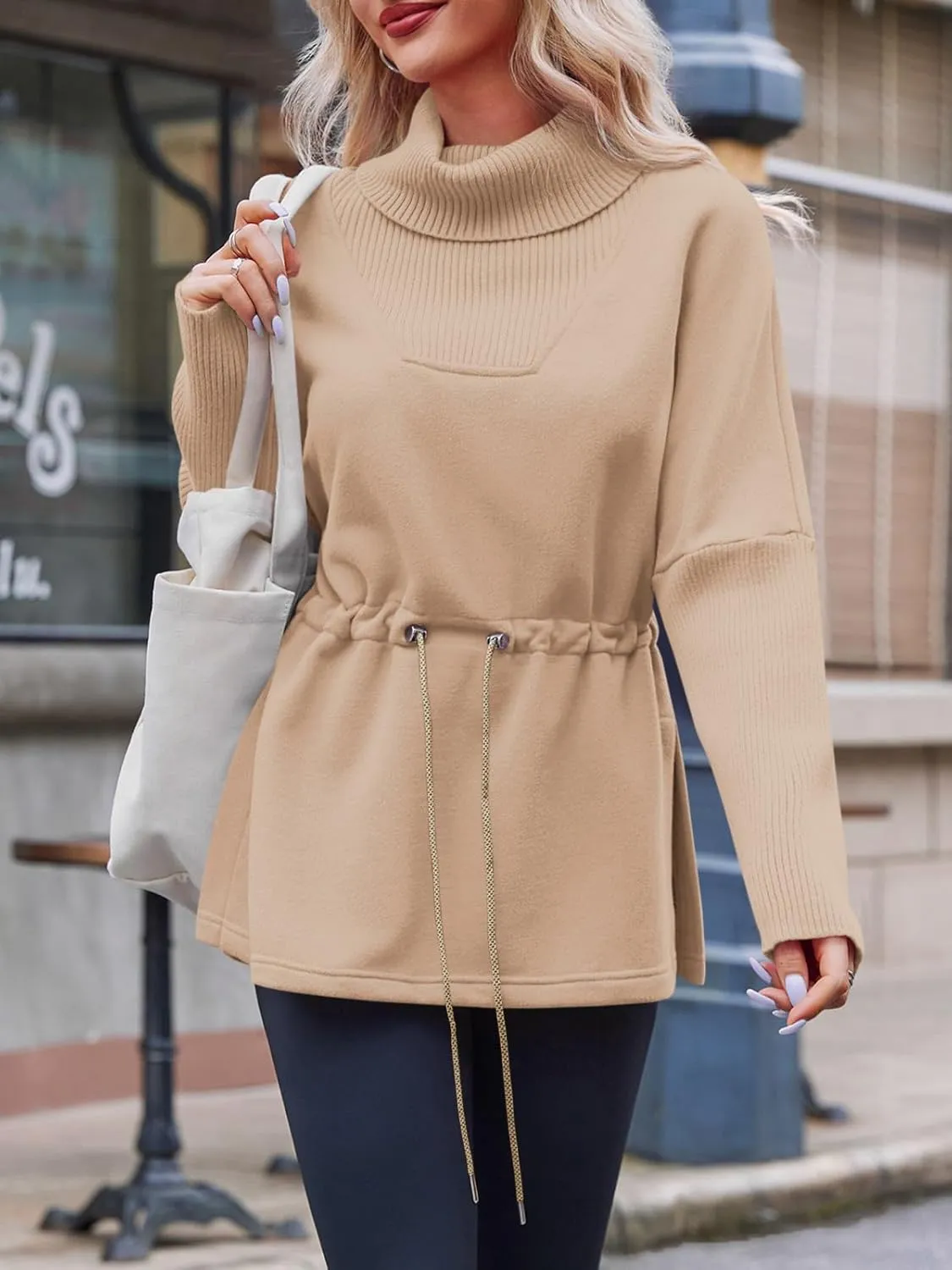 Fisoew Women's Turtleneck Sweatshirts Fleece Drawstring Waist Casual Long Sleeve Pullover Sweater Side Slit Tunic Tops