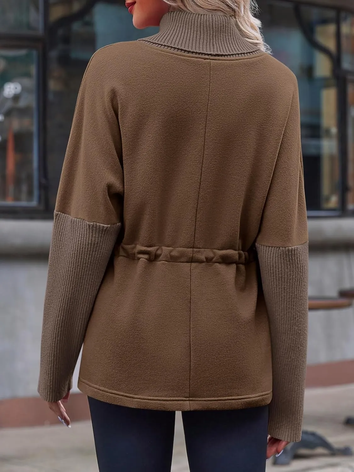 Fisoew Women's Turtleneck Sweatshirts Fleece Drawstring Waist Casual Long Sleeve Pullover Sweater Side Slit Tunic Tops