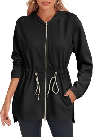 Fisoew Women's Zip Up Hoodie Sweatshirts Oversized Long Sleeve Casual Drawstring Waist Side Slit Tunic Tops