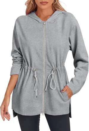 Fisoew Women's Zip Up Hoodie Sweatshirts Oversized Long Sleeve Casual Drawstring Waist Side Slit Tunic Tops