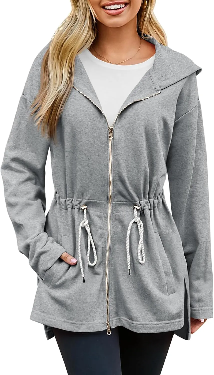 Fisoew Women's Zip Up Hoodie Sweatshirts Oversized Long Sleeve Casual Drawstring Waist Side Slit Tunic Tops