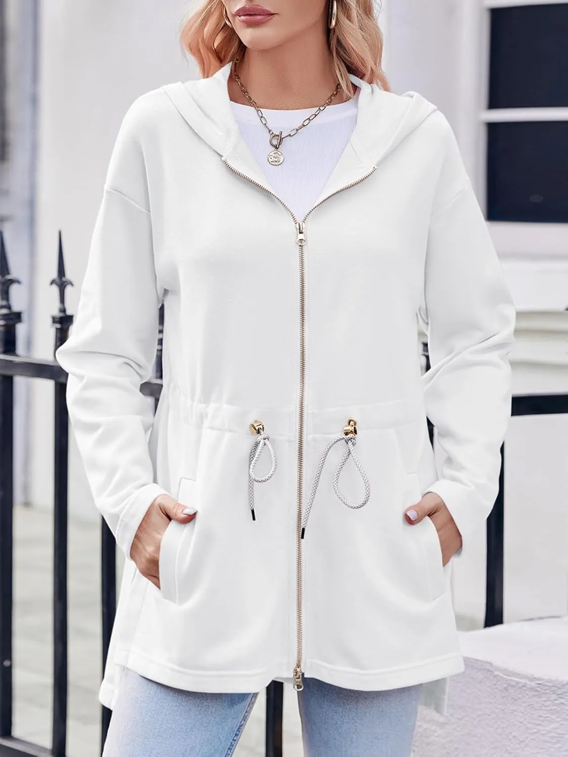 Fisoew Women's Zip Up Hoodie Sweatshirts Oversized Long Sleeve Casual Drawstring Waist Side Slit Tunic Tops