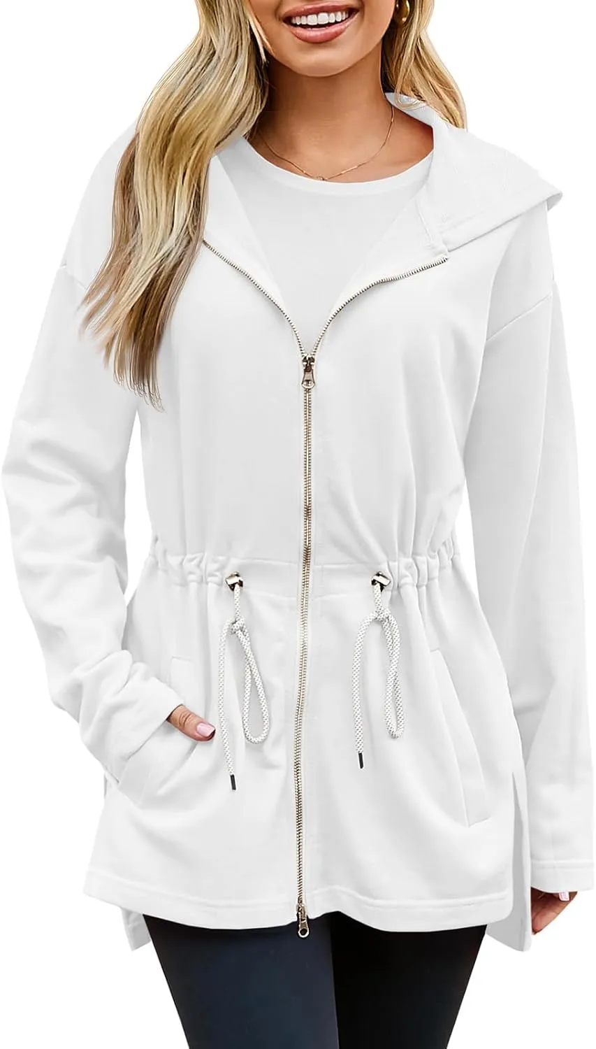 Fisoew Women's Zip Up Hoodie Sweatshirts Oversized Long Sleeve Casual Drawstring Waist Side Slit Tunic Tops