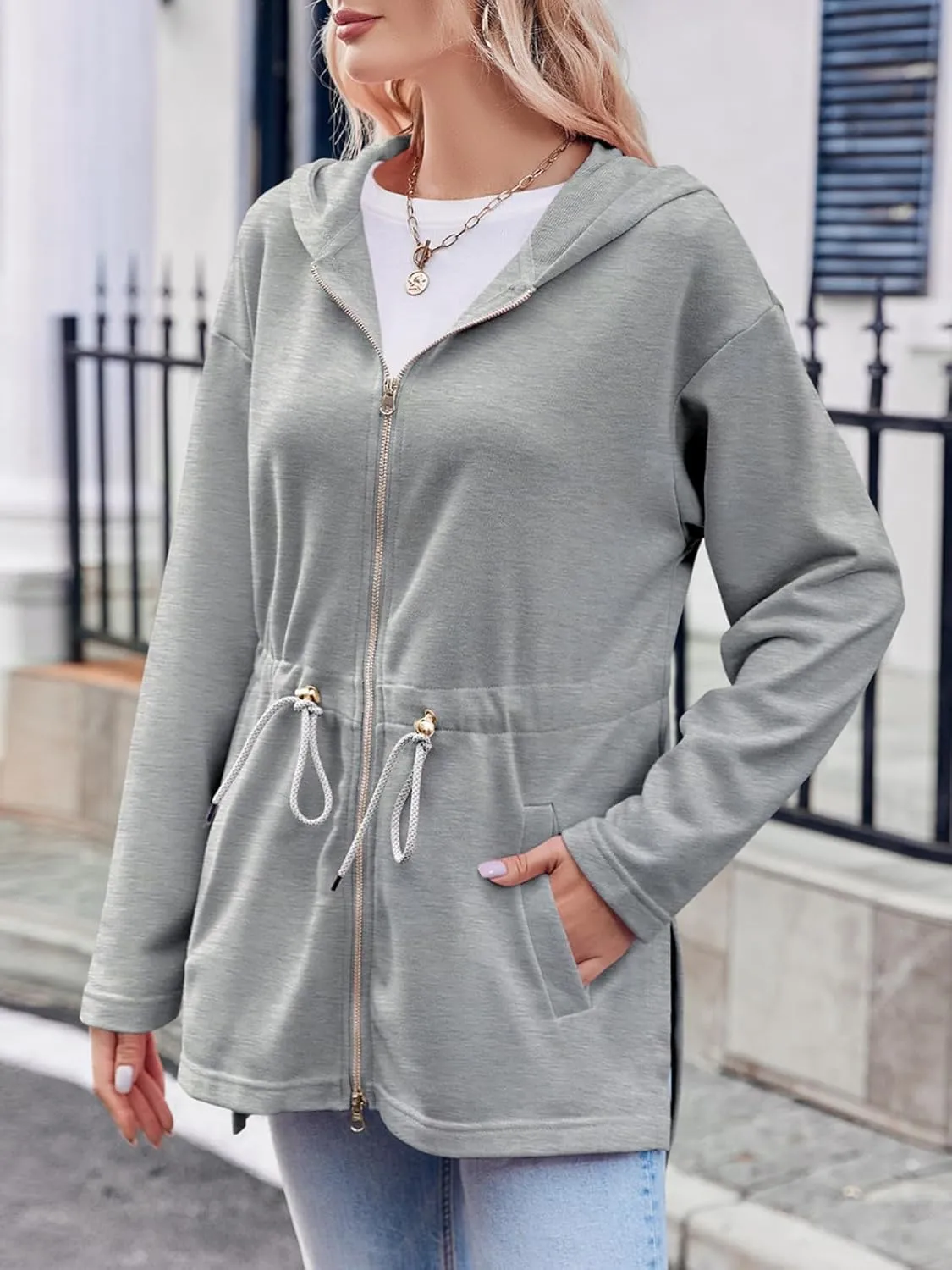 Fisoew Women's Zip Up Hoodie Sweatshirts Oversized Long Sleeve Casual Drawstring Waist Side Slit Tunic Tops