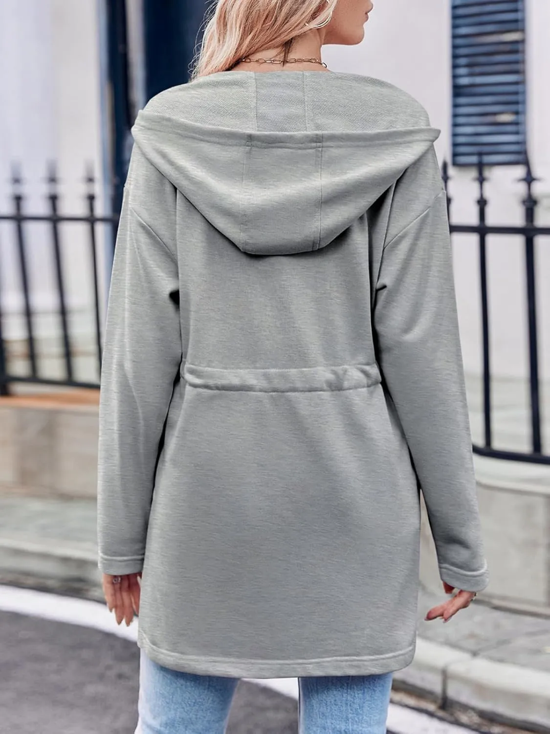 Fisoew Women's Zip Up Hoodie Sweatshirts Oversized Long Sleeve Casual Drawstring Waist Side Slit Tunic Tops