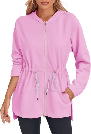 Fisoew Women's Zip Up Hoodie Sweatshirts Oversized Long Sleeve Casual Drawstring Waist Side Slit Tunic Tops