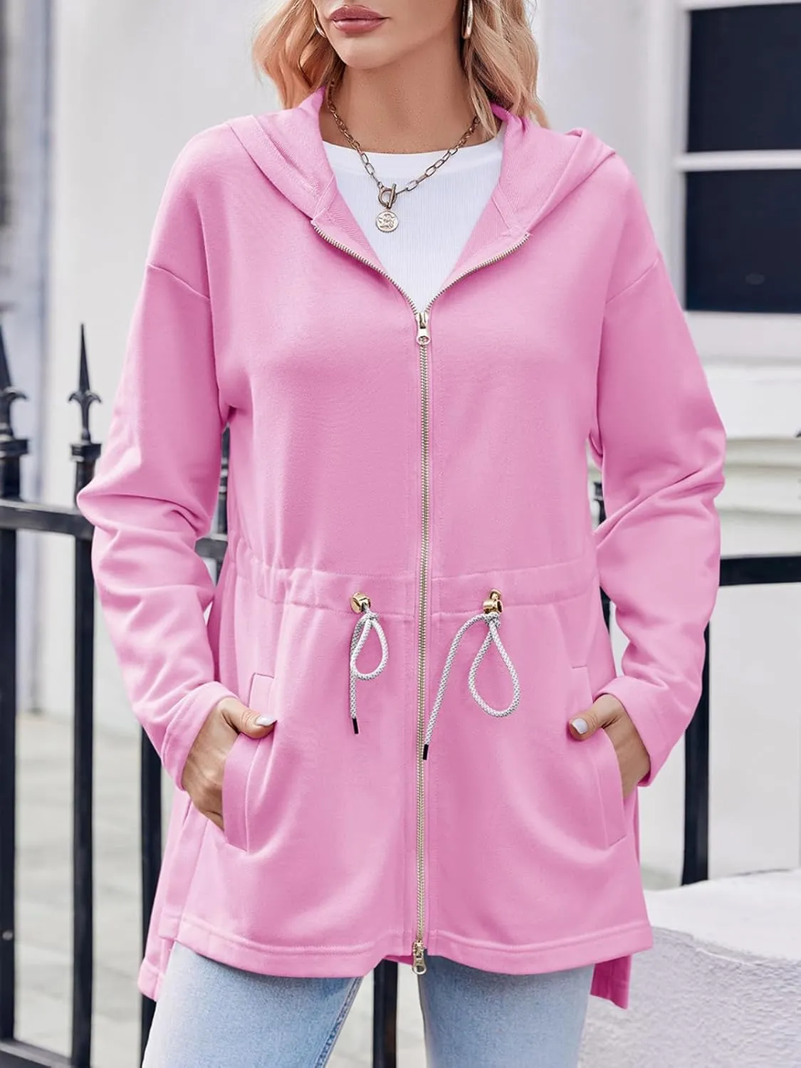 Fisoew Women's Zip Up Hoodie Sweatshirts Oversized Long Sleeve Casual Drawstring Waist Side Slit Tunic Tops