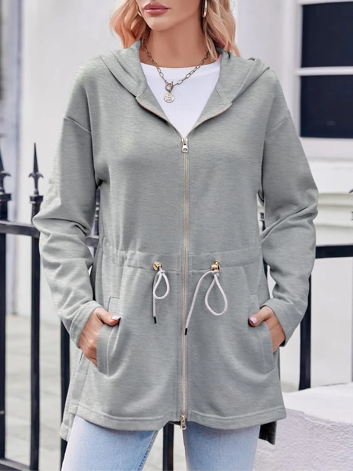 Fisoew Women's Zip Up Hoodie Sweatshirts Oversized Long Sleeve Casual Drawstring Waist Side Slit Tunic Tops
