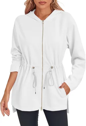 Fisoew Women's Zip Up Hoodie Sweatshirts Oversized Long Sleeve Casual Drawstring Waist Side Slit Tunic Tops