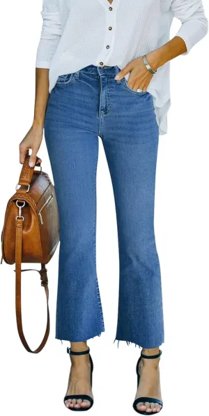 Flare Jeans for Women Cropped Stretchy Mid Rise Bell Bottom Jeans Womens Crop Flare Jeans with Raw Hem