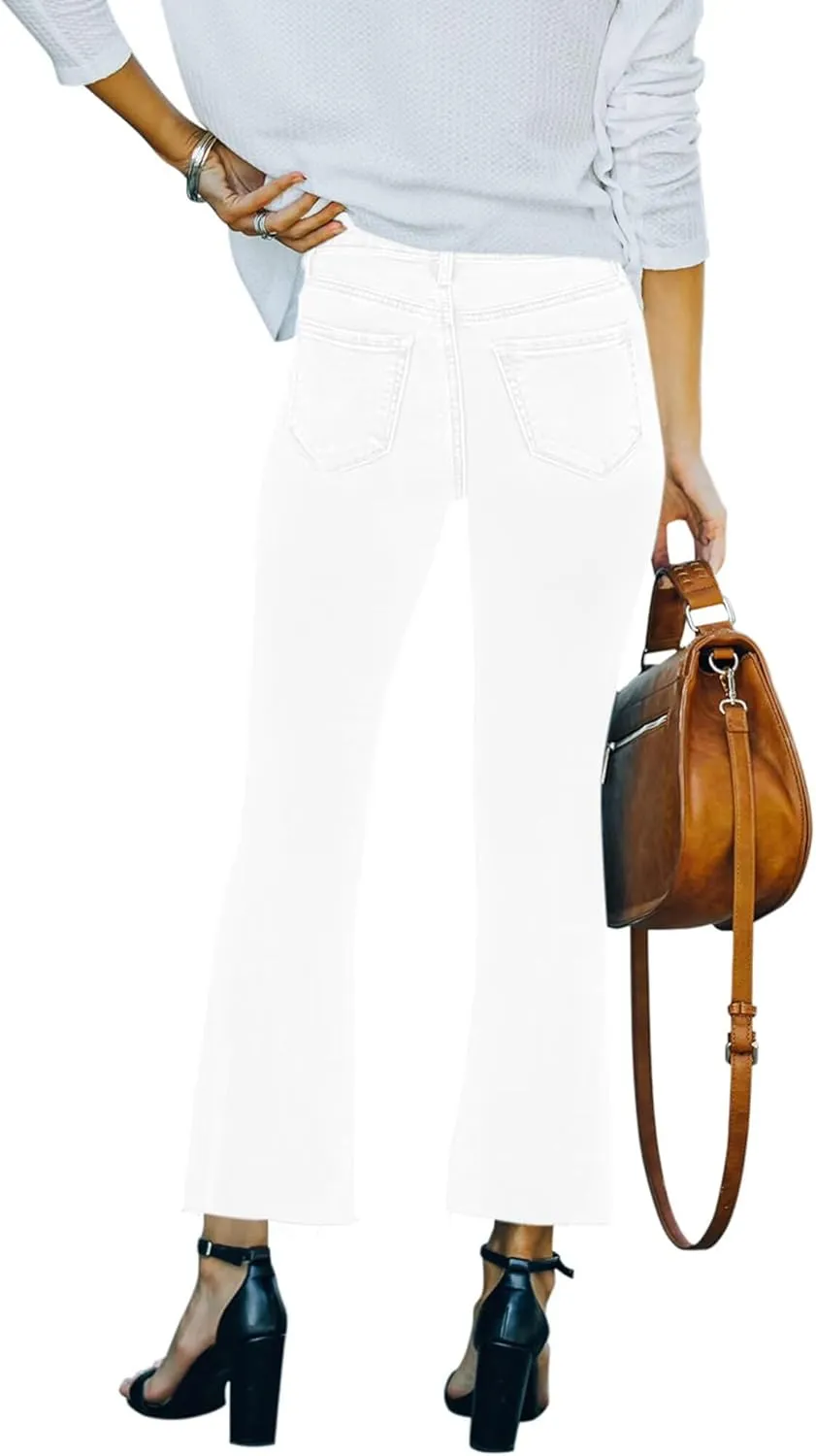 Flare Jeans for Women Cropped Stretchy Mid Rise Bell Bottom Jeans Womens Crop Flare Jeans with Raw Hem