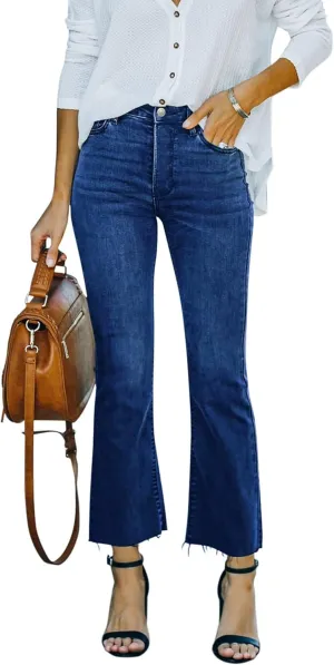 Flare Jeans for Women Cropped Stretchy Mid Rise Bell Bottom Jeans Womens Crop Flare Jeans with Raw Hem