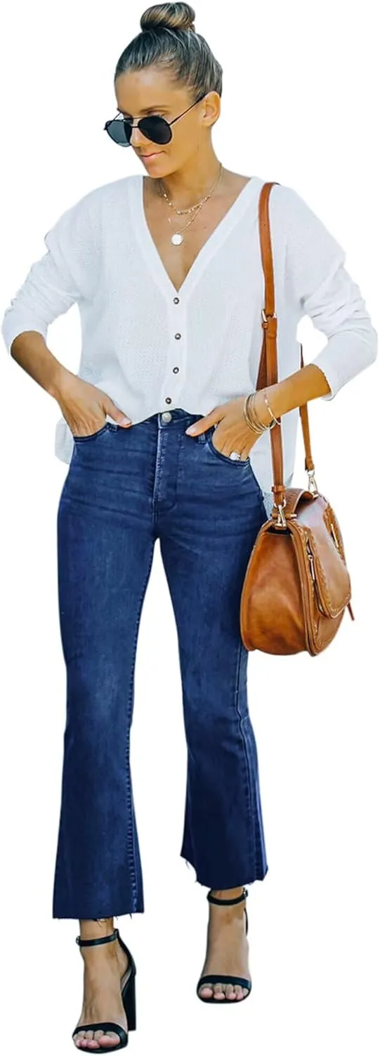Flare Jeans for Women Cropped Stretchy Mid Rise Bell Bottom Jeans Womens Crop Flare Jeans with Raw Hem