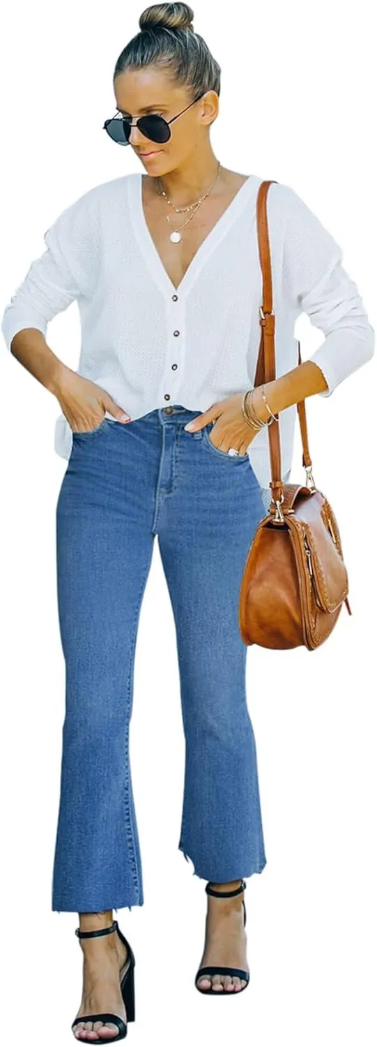 Flare Jeans for Women Cropped Stretchy Mid Rise Bell Bottom Jeans Womens Crop Flare Jeans with Raw Hem