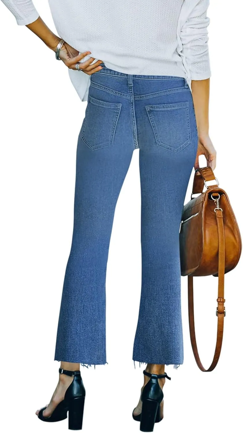 Flare Jeans for Women Cropped Stretchy Mid Rise Bell Bottom Jeans Womens Crop Flare Jeans with Raw Hem