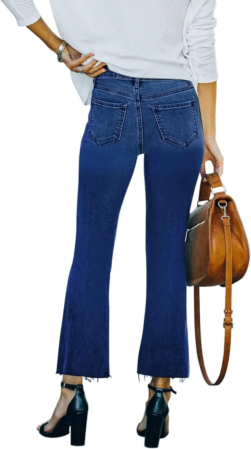 Flare Jeans for Women Cropped Stretchy Mid Rise Bell Bottom Jeans Womens Crop Flare Jeans with Raw Hem