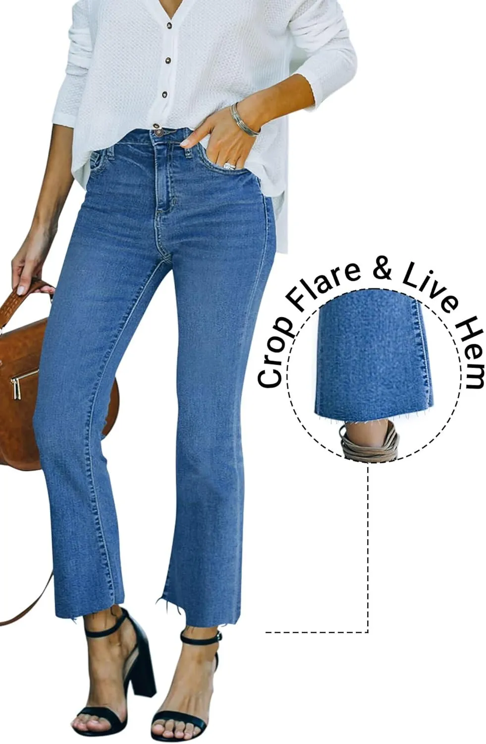 Flare Jeans for Women Cropped Stretchy Mid Rise Bell Bottom Jeans Womens Crop Flare Jeans with Raw Hem