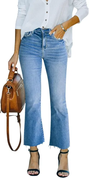 Flare Jeans for Women Cropped Stretchy Mid Rise Bell Bottom Jeans Womens Crop Flare Jeans with Raw Hem